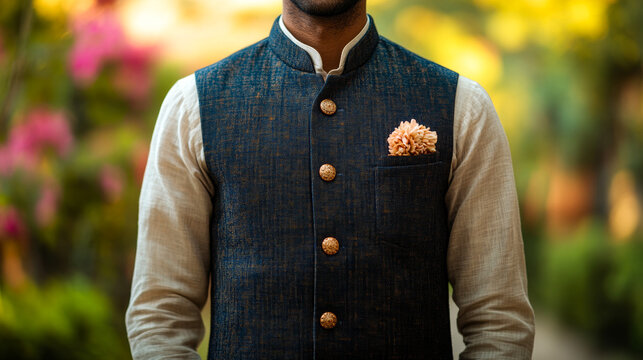 Man in Traditional Pathani Suit and Waistcoat