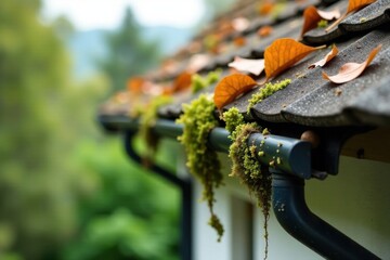 Autumn Leaves and Moss Adorn a House's Gutter System, a Peaceful Scene of Nature's Gentle Embrace on a Roof's Edge