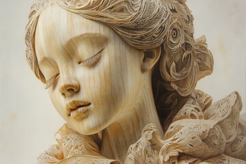 Intricate wooden sculpture, serene female face, elaborate hair.