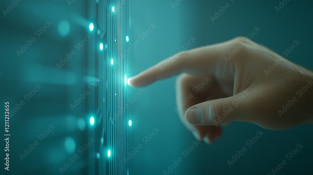 Poster hand initiating action by pressing a button on wall, symbolizing control and activation.