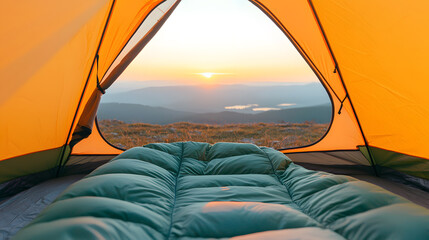 Camping adventure at sunrise mountain view outdoor landscape tranquil environment inside tent perspective