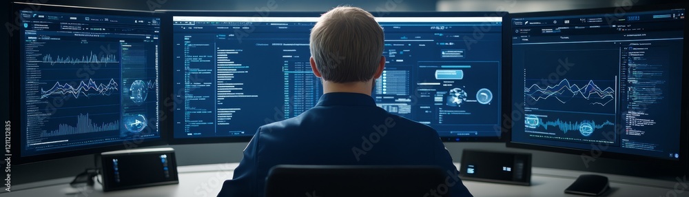 Poster boosting productivity, a person engaging with dualmonitor workstation for enhanced efficiency