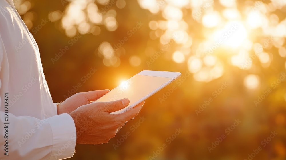 Poster man reviews data on tablet computer, a glimpse into modern digital productivity