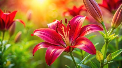 Fototapeta premium Macro Tilt-Shift Blooming Red Lily Flower Summer Sunny Day Garden Lilies Pink Petals