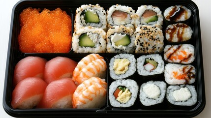 A traditional Japanese bento box with neatly arranged sushi, tempura, and rice
