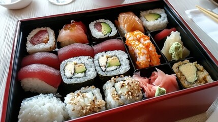 A traditional Japanese bento box with neatly arranged sushi, tempura, and rice