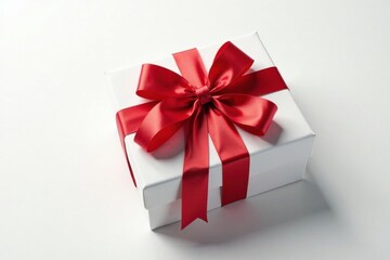 Obraz premium A pristine white gift box adorned with a vibrant red ribbon, a symbol of celebratory gifting and joyous occasions