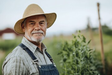 Fototapeta premium A farm worker in overalls and a sun hat, standing in a field.