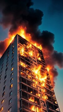 Residential building engulfed in flames during dramatic dusk fire with billowing smoke