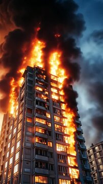 Residential building engulfed in flames during dramatic dusk fire with billowing smoke