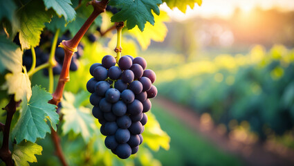 fresh black grapes on the stem blurred plantation background
