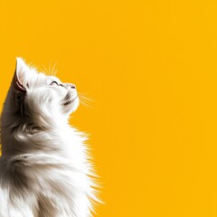 Serene White Cat  Yellow Background  Pet Portrait  Animal Illustration  Fluffy Fur