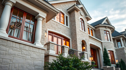 Naklejka premium Magnificent Mansion: A Masterpiece of Architecture and Design. This luxurious estate boasts stunning brickwork, grand columns, and elegant details. Discover the epitome of refined living.