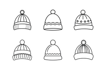 winter hat icon line art vector illustration, set of hats