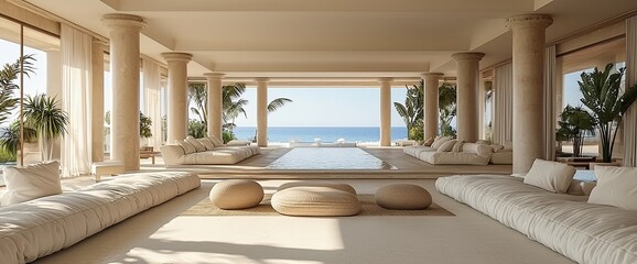 Luxurious beachfront villa interior with ocean view, featuring minimalist beige furniture, columns, and a tranquil pool.