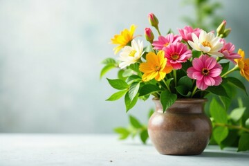 A vibrant bouquet of multicolored blossoms arranged in a rustic earthenware vase, a cheerful spring or summer floral arrangement