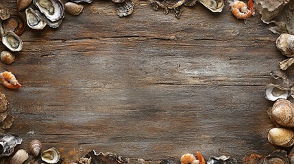 Seafood border on rustic wood;  ocean menu background