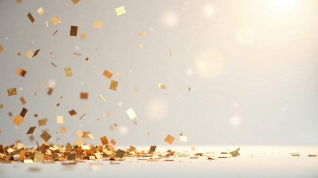 Golden confetti falling onto a soft surface, celebrating a joyous occasion with sparkling metallic pieces, creating a festive and elegant ambiance