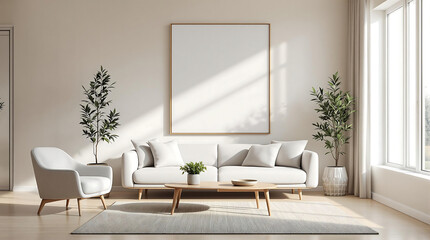 Airy, minimalist living room with a white sofa, light-colored furniture, and a large blank canvas. Great for interior design, home decor, or art mockups.

