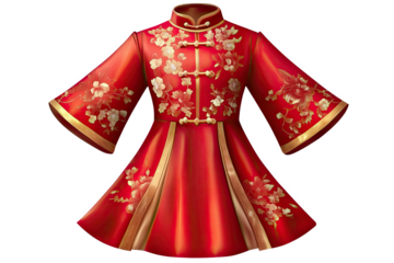 Red Chinese Dress: A traditional Chinese dress, known as a cheongsam, in a vibrant red hue with intricate floral embroidery, embodies elegance and festive spirit. The dress features a mandarin collar.