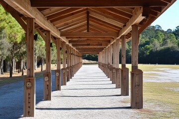 Rustic Wooden Structure Featuring Long Aisle with Pillars and Shadows in a Natural Outdoor Environment Surrounded by Lush Greenery and Open Space