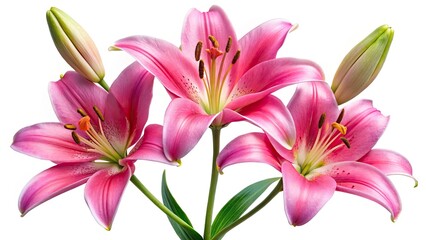 Fototapeta premium Pink Lily Flowers, Blooming Lilies, Isolated Pink Lilies, White Background, Lily Bud, Closeup Lily, Pink Lily Photography, Floral Photography, Beautiful Lilies