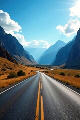 Fototapeta premium Asphalt ribbon unwinding through a majestic mountain pass, bathed in sunlight; a scenic route promising adventure and freedom on the open road.