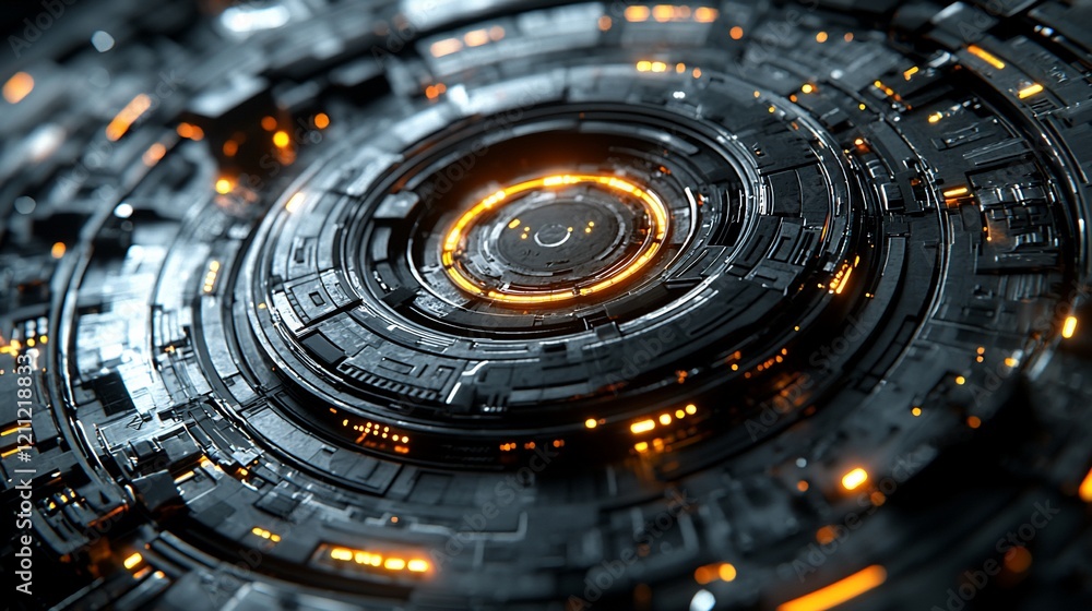 Poster abstract technological circular mechanism with glowing orange accents.