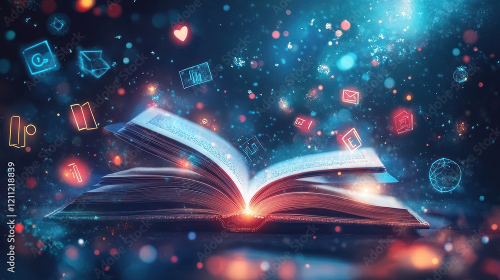 Poster magical open book with glowing icons floating around it in a dark background