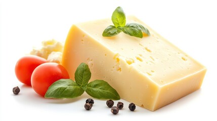 Wedge of cheese with cherry tomatoes and basil.