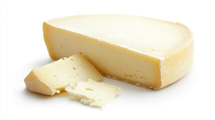 Creamy, pale yellow cheese wheel, cut into slices, isolated on white background.