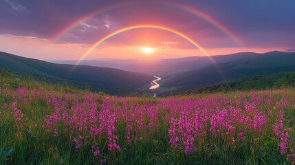 Vibrant sunset over a flowing river, framed by blooming flowers and a double rainbow in the sky