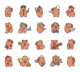 Capybara professions cartoon set with cute kawaii characters holding different tools, equipment, objects, accessories, and items for cheerful creative designs illustration