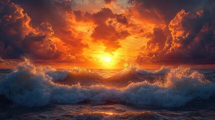 Fototapeta premium Vibrant sunset over turbulent ocean waves with dramatic clouds, evoking tranquility and awe