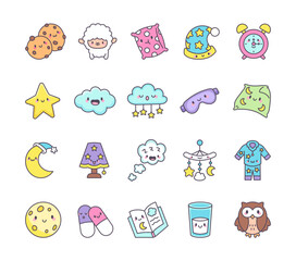 Set of cute kawaii cartoon characters for bedtime and sleep with relaxing emotions, cozy designs, adorable dreams, and peaceful nursery illustrations for delightful nighttime moments