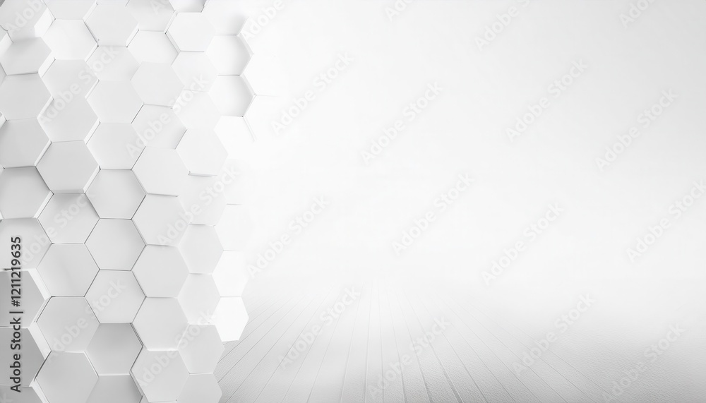 Poster minimalistic white hexagonal tile wall background with 3d depth effect for modern design, architecture concepts, and graphic layouts

