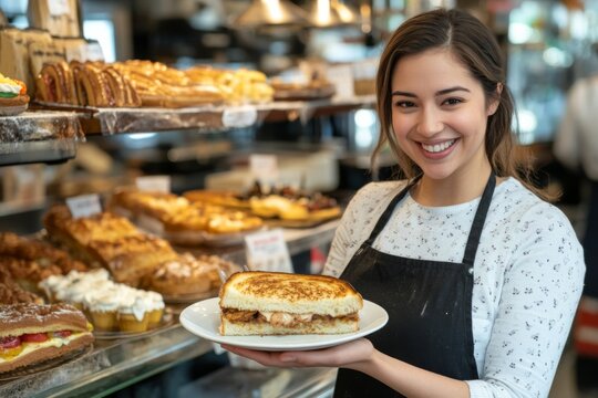 close-up photo of waitress smiling and holding sandwich in cafe 