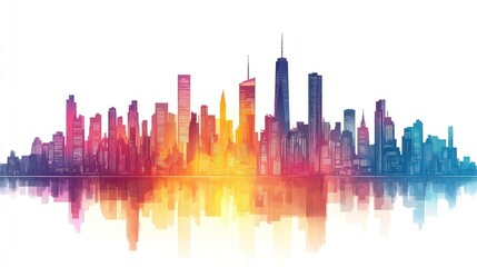 Obraz premium Vibrant cityscape skyline reflected in water.