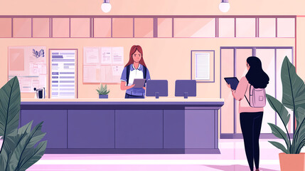 Customer service interaction at a modern reception desk office environment digital engagement professional setting elevated perspective
