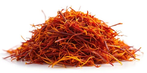 Fototapeta premium Saffron Spice Top View, High-Resolution Image, Culinary Photography, Premium Saffron Photo, Close-up Saffron Pile, White Background, Seasoning, Herb, Food Photography