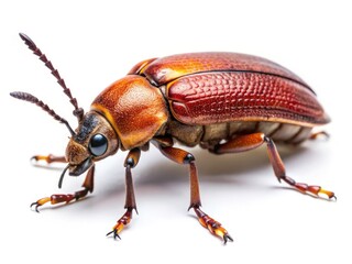 Naklejka premium Saw-Toothed Grain Beetle, Lyctus Brunneus, Insect Pest, Closeup, Isolated White Background, High-Resolution Image