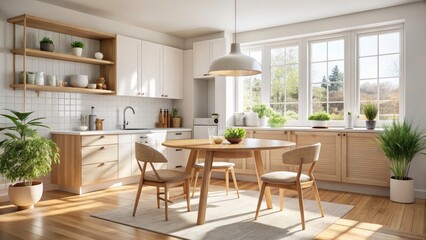 Scandinavian Minimalist Kitchen Design: Wooden Island & Round Dining Table