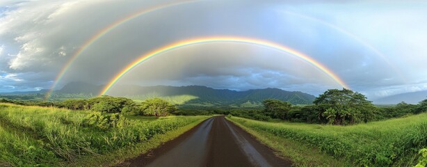 Obraz premium Panoramic photograph of a double rainbow over the mountains in Hawaii, with lush greenery and a road in the foreground.