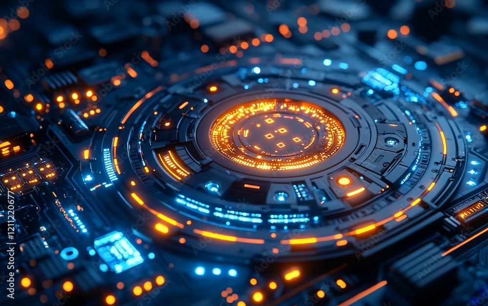 Poster futuristic circular tech core glowing with orange and blue light.