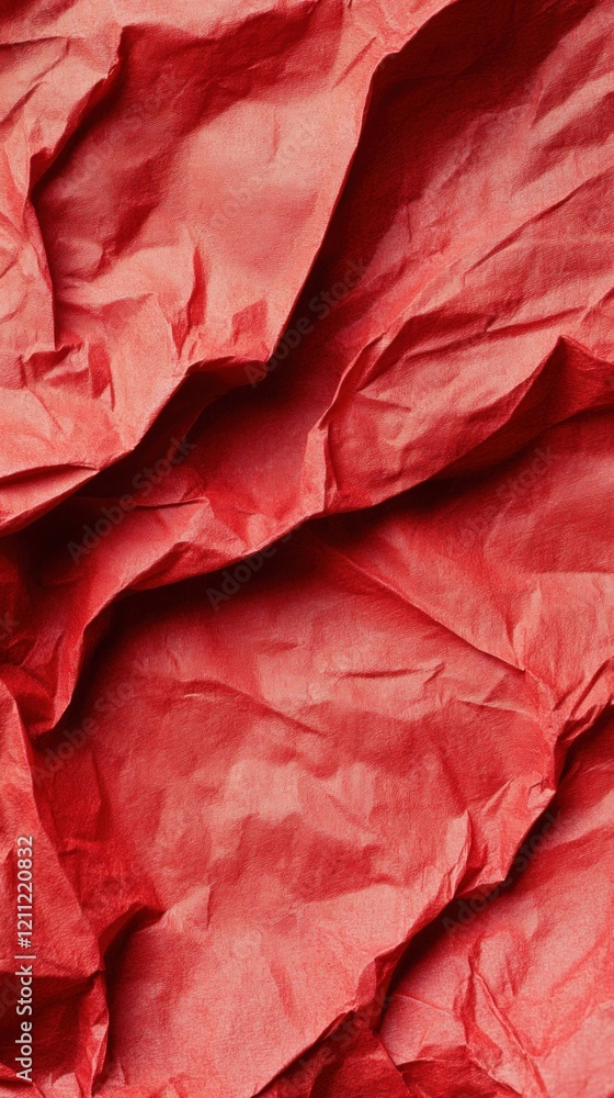 Poster close-up view of crumpled red paper reveals intricate textures and vivid color variations perfect fo