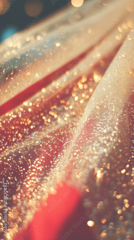 Poster close-up of shimmering red and gold fabric showcases intricate glitter patterns, reflecting light an
