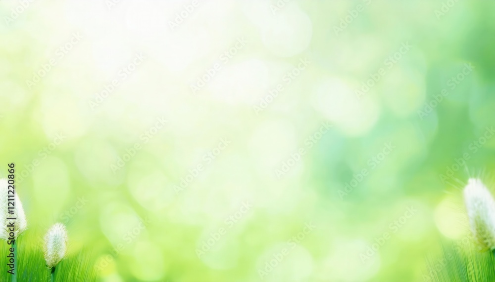 Poster serene green and white bokeh light background with soft blurred nature tones, perfect for design, pr