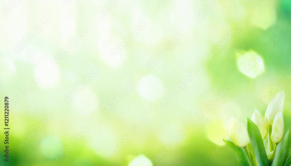 Poster serene green and white bokeh light background with soft blurred nature tones, perfect for design, pr