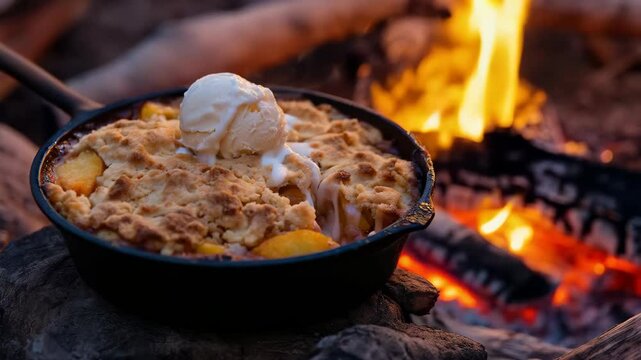 Campfire cooking: delicious peach cobbler melting over open flames