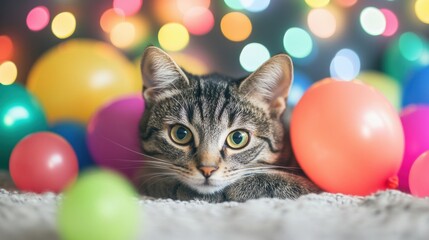 A playful cat lies comfortably surrounded by vibrant balloons, creating a joyful and festive setting ideal for celebrations